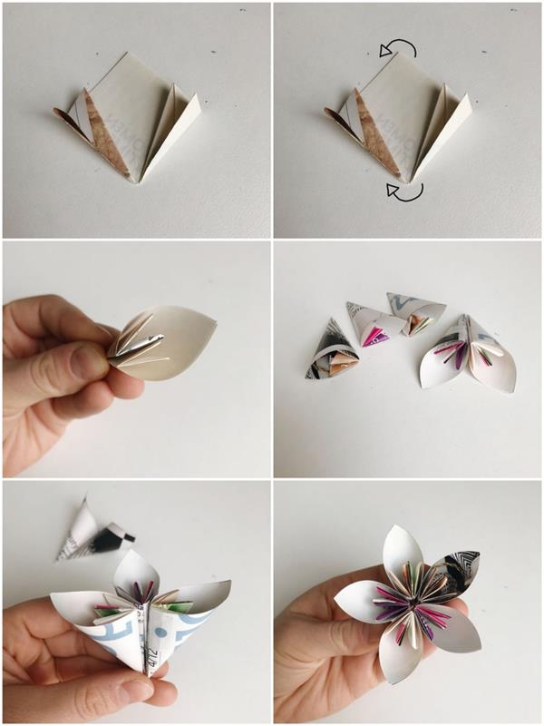 paskutinio lengvo keturių žiedlapių gėlių origami modelio, pagaminto per trumpą laiką, paskutinės raukšlės
