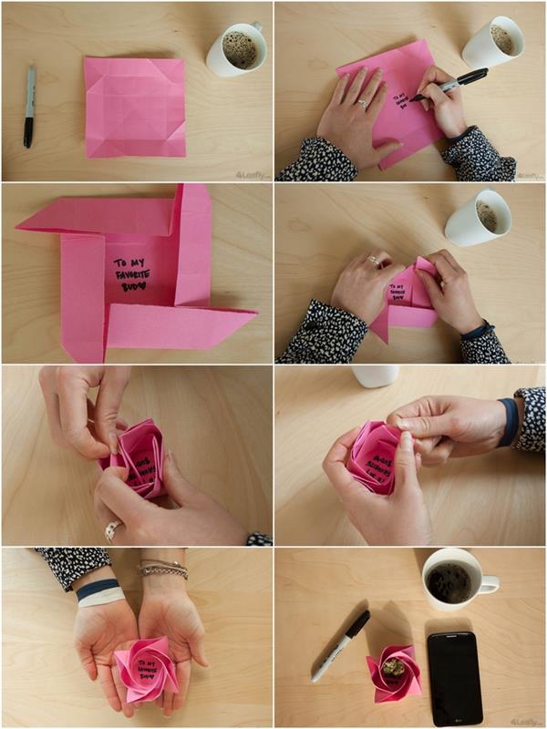 paskutiniai lankstymo žingsniai, skirti origami gėlių mini dovanų dėžutei, personalizuotai žydinčiai origami rožei su pranešimu apačioje