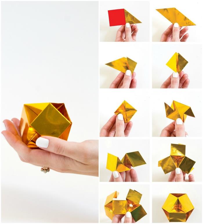 İç dekorasyonda kullanabileceğiniz metalik renkli kağıttan küçük taş şeklinde güzel origami modeli