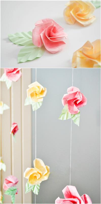 rožių origami paprasta ir greita pamoka su paveikslėliais paaiškintais lankstymais, kūrybinga origami idėja sukurti originalią popierinių rožių girliandą
