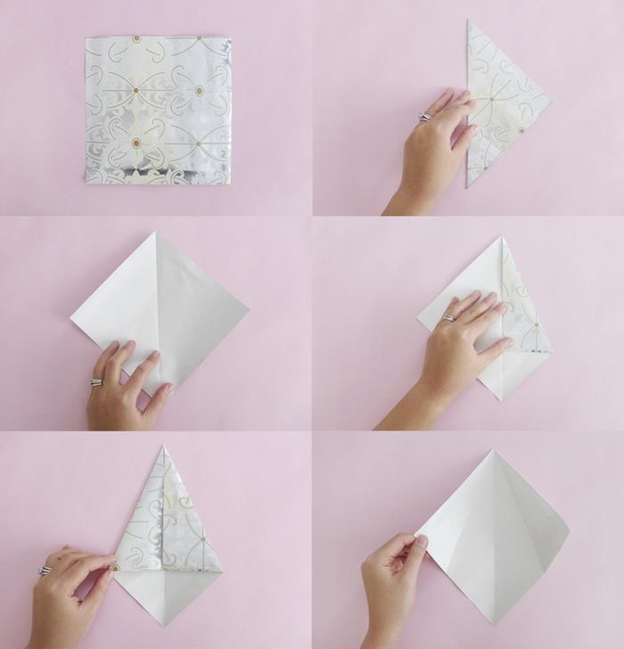 žingsnis po žingsnio origami Kalėdų žvaigždė, pagaminta iš dovanų popieriaus, kuri suformuos gražią šventinę girliandą, origami meno dėka pasigamins kalėdines dekoracijas