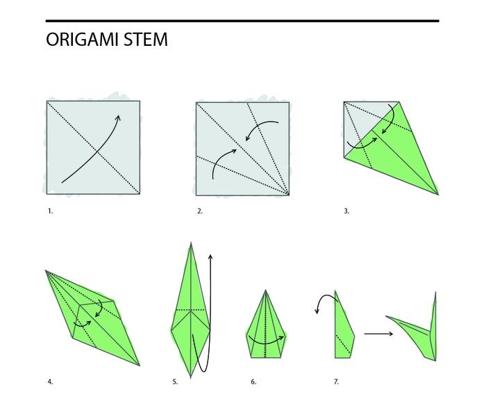 origami raukšlių schemą, kad būtų sukurtas tradicinis stiebo modelis, galintis papildyti origami gėles