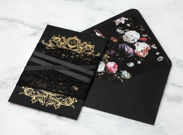 siyah kağıt ve çiçek ve altın dekorasyon kraft zarf, zarf şablonu ve şık davetiye