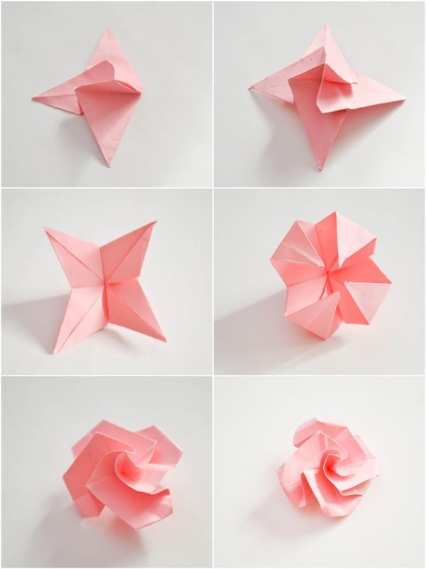 dekoratyvi origami idėja su gėlių girlianda iš rožių, paprasta popieriaus lankstymo pamoka origami rožių, kurios sudarys gėlių girliandą, kūrimui
