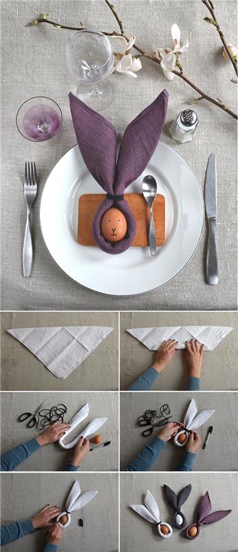 originalus velykinių servetėlių sulankstomas modelis su kiaušiniu violetinės, baltos ir tamsiai pilkos spalvos audinio servetėlės ​​centre