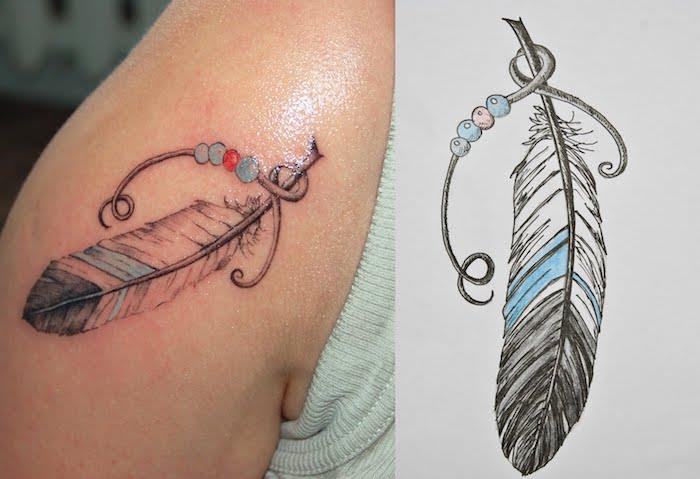 pečių tatuiruotė, rašalo piešimas ant odos, plunksnų tatuiruotė su perlais