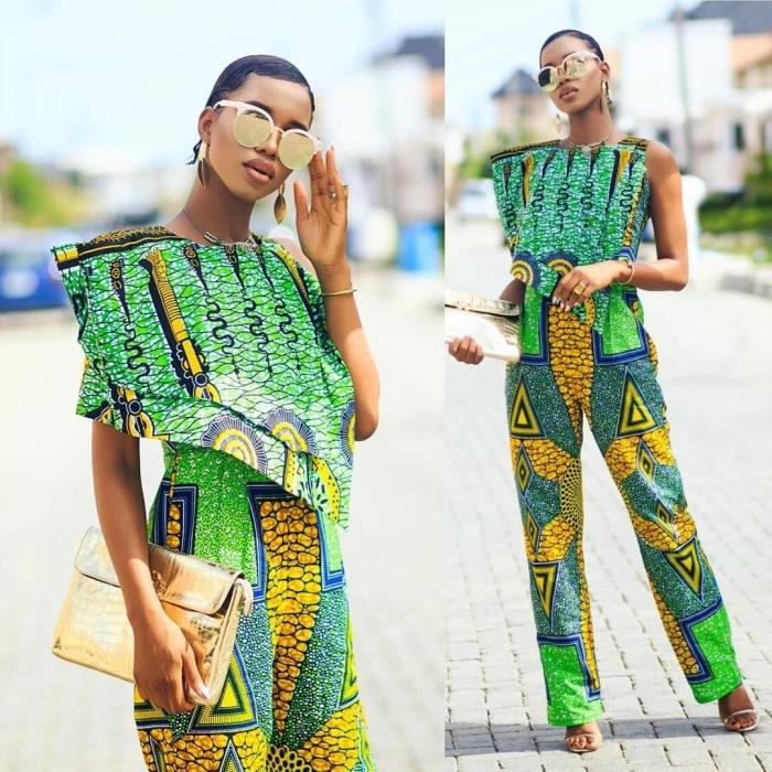 elegantna ženska moda v sodobnem kompletu afriškega sloga, afriško oblačilo v zeleni barvi z okraski v rumeni in modri barvi
