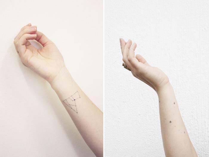 model tetovaže na temo astronomije, primer minimalistične risbe s črnilom z ozvezdji in vzorci zvezd