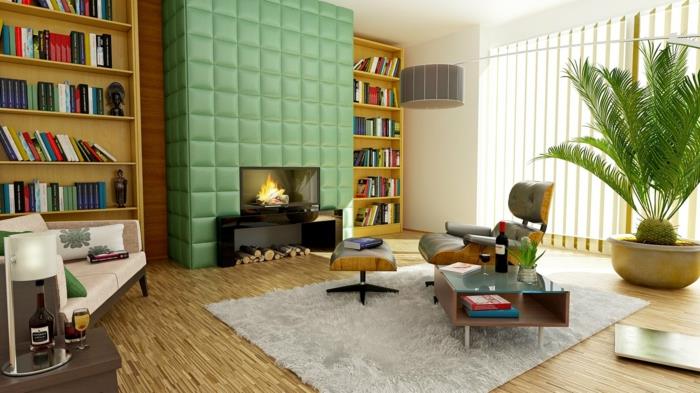 moderni svetainė, įdomus atviras židinys, medinės grindys, šiuolaikiška knygų spinta, šviesiai pilkas kilimas, sieninė viryklė
