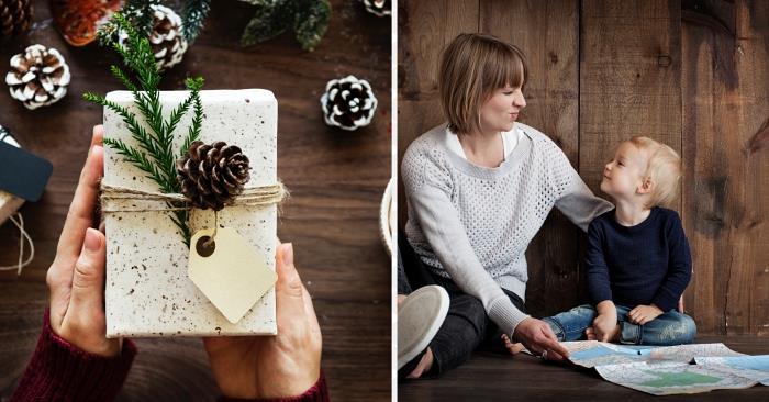ideja za darilo za mamo, kako zaviti darilo za božič z vrvico iz jute in borovim stožcem, ovojnim papirjem iz granita v beli barvi