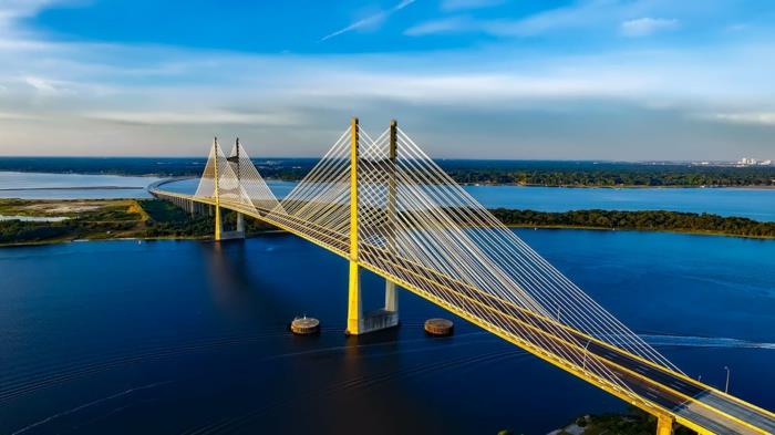 kraštovaizdis mėlynos spalvos, tiltas per mėlynus vandenis, rojaus kraštovaizdis, pastelinės mėlynos spalvos dangus, mažos žalios salelės ir ramus horizontas