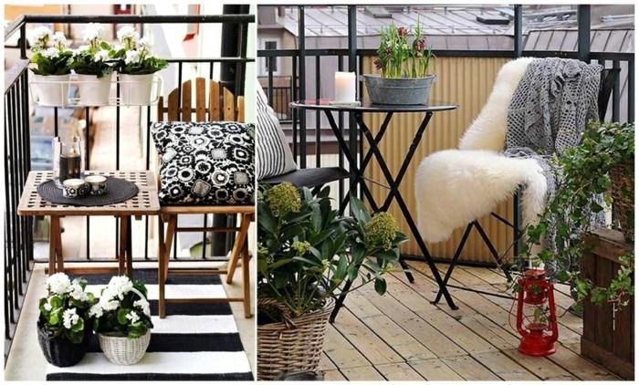 küçük ahşap masa ve sandalye, çizgili halı, ön sundurma dekorasyon fikirleri, siyah ve beyaz desenli yastık ve siyah veya beyaz saksılarda birçok beyaz çiçek