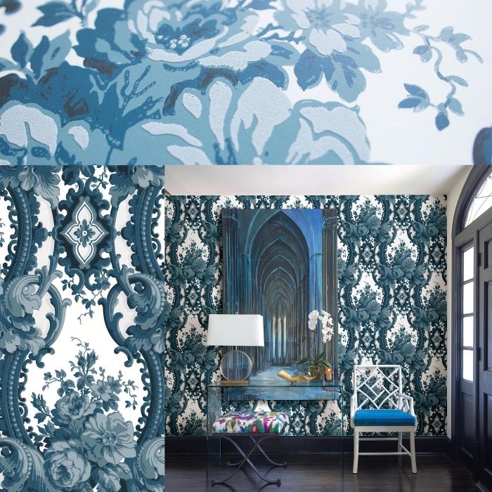 senovinio stiliaus svetainės tapetai su baltomis ir mėlynomis gėlių dizaino sienomis su moderniais stiklo ir aukso baldais