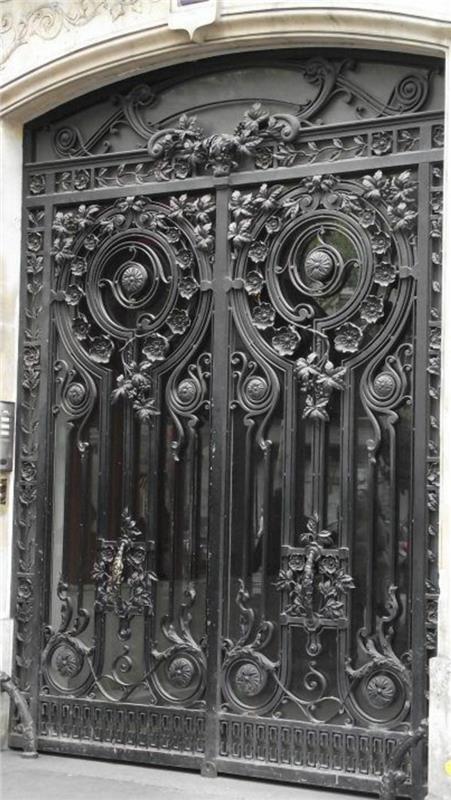 vrata iz kovanega železa-zunanjost-umetniški okraski-cvetlični motivi-steklena vrata