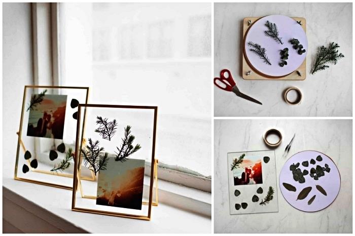 cam ve metalden herbaryum fotoğraf çerçevesi, kurutulmuş yapraklarla süslenmiş çağdaş tasarım fotoğraf çerçevesi