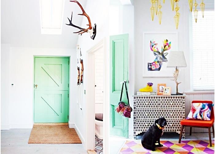 Kapıda pastel yeşil boya, turuncu ve mor geometrik tasarım halı ile genç odası için deco fikir