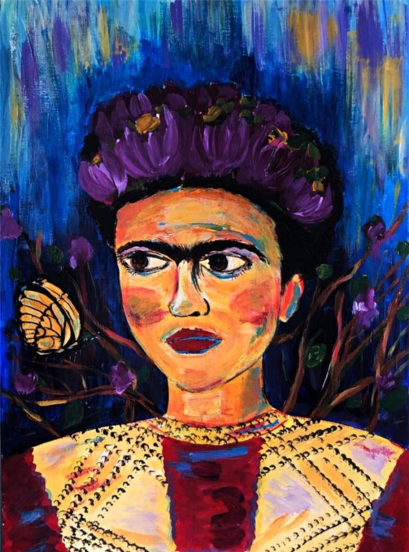 frida kahlo'nun akrilikten portresi, sanatsal resim, frida kahlo'nun akrilikten çok renkli portresi