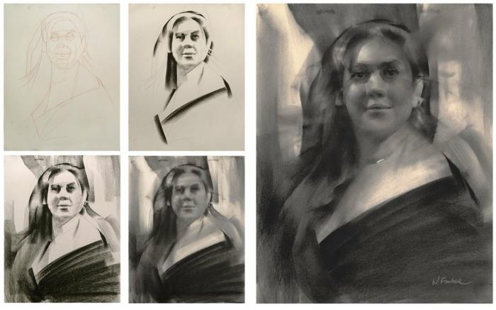 Yeni başlayanlar için çizim dijital sanat, kolay siyah beyaz çizim, adım adım teknik bir kadın portresi