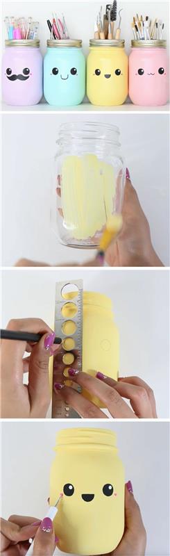 idėja, kaip iš stiklo indelio pasidaryti pieštukų indelį, perdažytą ir dekoruotą piešinį „Snieguolė“, „pasidaryk pats“ geniali idėja, rankinė veikla
