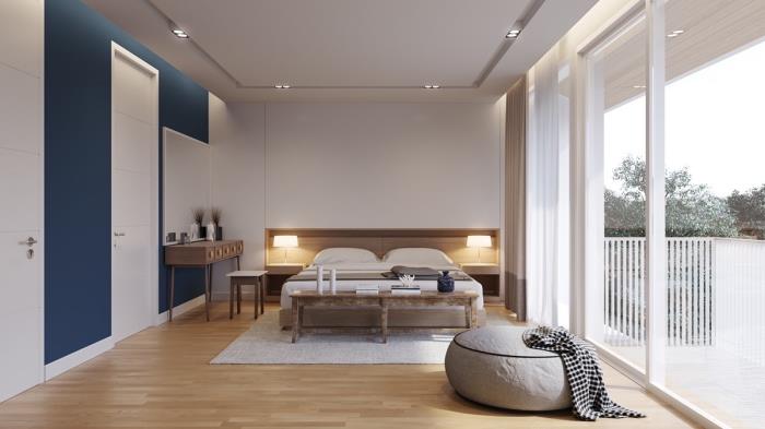 büyük ahşap yatak ve kulpsuz beyaz mobilyalar, led aydınlatmalı beyaz asma tavan ile eksiksiz yetişkin yatak odası modeli