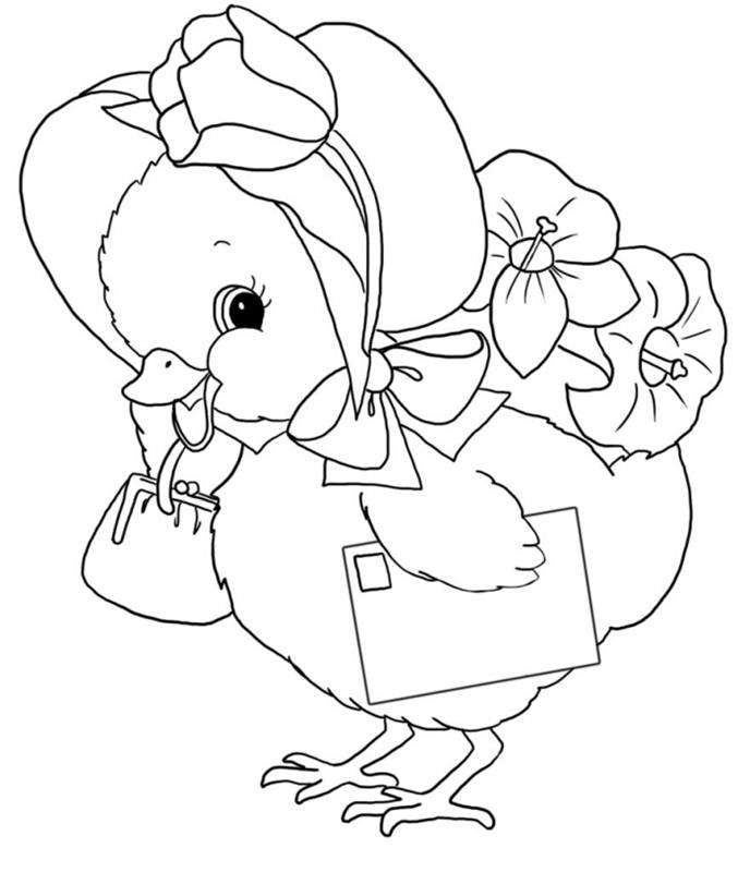 çocuklar için kolay boyama bahar boyama fikri, tavuk ile basit Paskalya çizim deseni