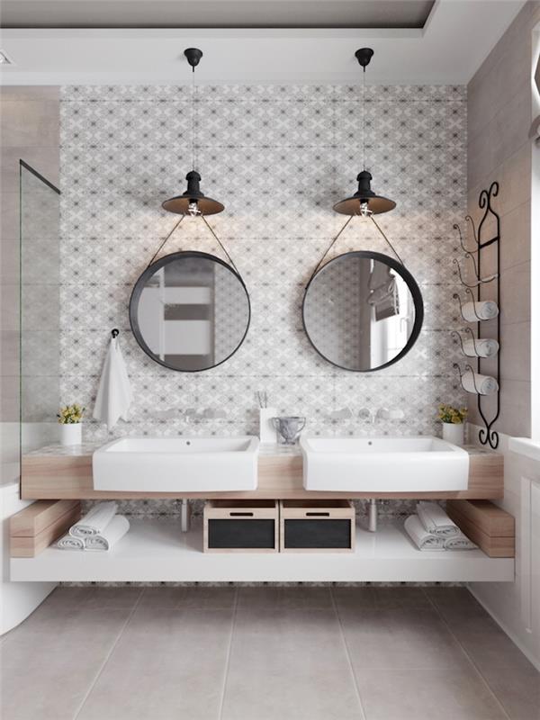 Dva viseča ogledala, dvojni umivalnik s preprosto leseno omarico, kopalniška delovna plošča, hladna bela in lesena kopalniška ideja
