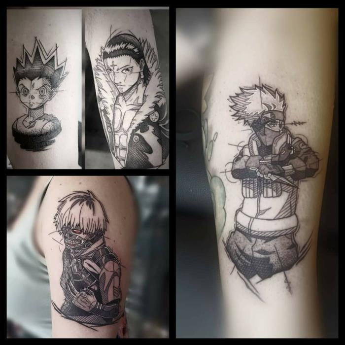 Stilizuota karikatūrų piešimo tatuiruotė, pirmoji tatuiruotė japonų meno gerbėjams, dekoratyvinis ir simbolinis dizainas