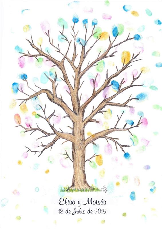 drevo z barvitimi odtisi različnih odtenkov z znakom imen mladoporočencev in datumom njune poroke