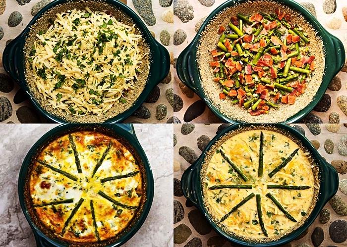 kaip padaryti quiche Lorraine be tešlos, lengvos quiche receptas be tešlos su šonine ir šparagais