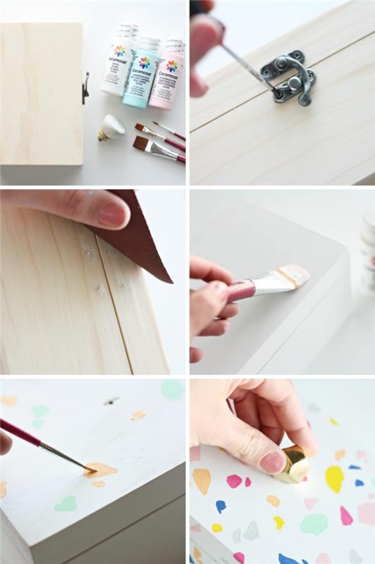 primer, kako okrasiti leseno škatlo z barvo terazo efekta, leseno škatlo za nakit po meri