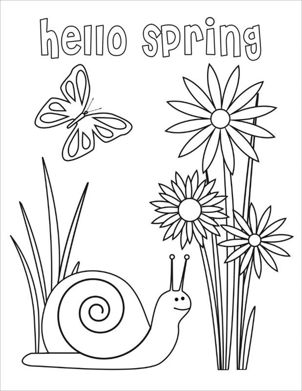 rože, metulj in polž s črkami pozdrav spomladansko sporočilo, preproste ideje za barvanje otrok