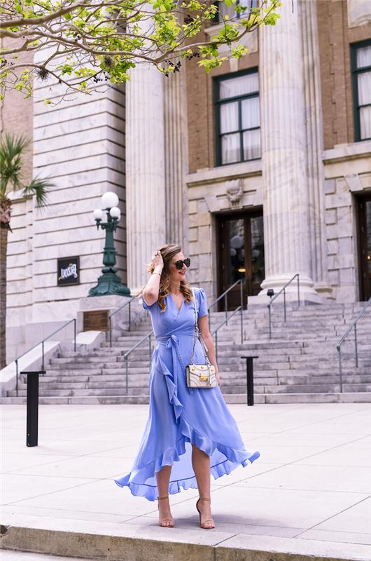 Modern düğün konuk elbisesi ülke şık kadın iyi giyimli stil 2018 trend açık mavi şal elbise