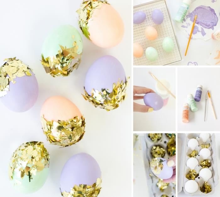 Çocuklar için Paskalya etkinliği, altın yaprak süslemeli sahte beyaz kabuklu yumurtalar üzerine pastel tonlarda akrilik boyama
