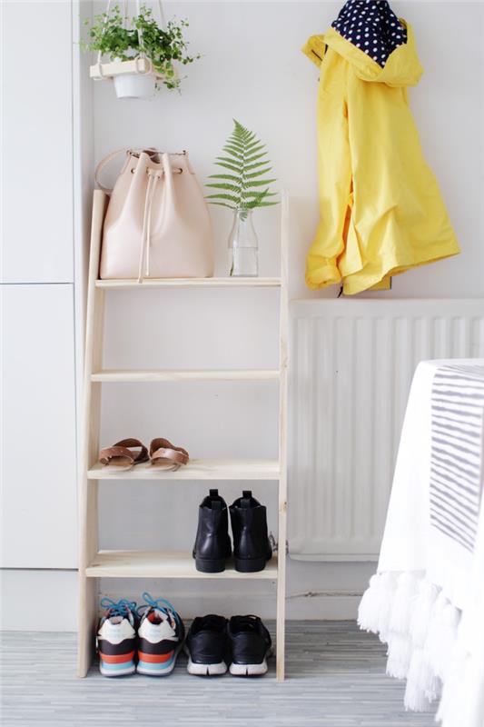 minimalist İskandinav tasarımına sahip hafif ahşap ayakkabı rafı, kendiniz yapın