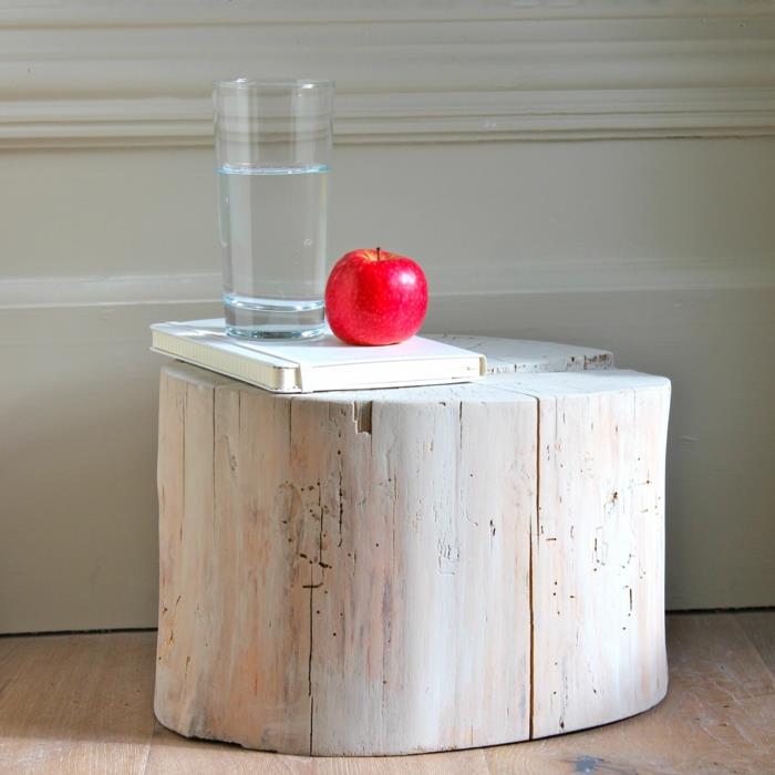 medžio kamieno naktinis stalas, paprasti ir minimalistiniai sprendimai, mažas naktinis staliukas