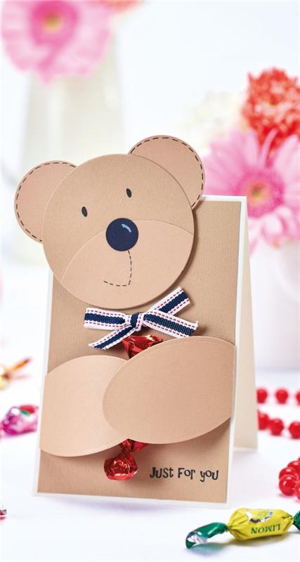 predloga voščilnice za očetov dan, DIY voščilnica v obliki 3D kartonskega medveda, čestitka za očetov dan