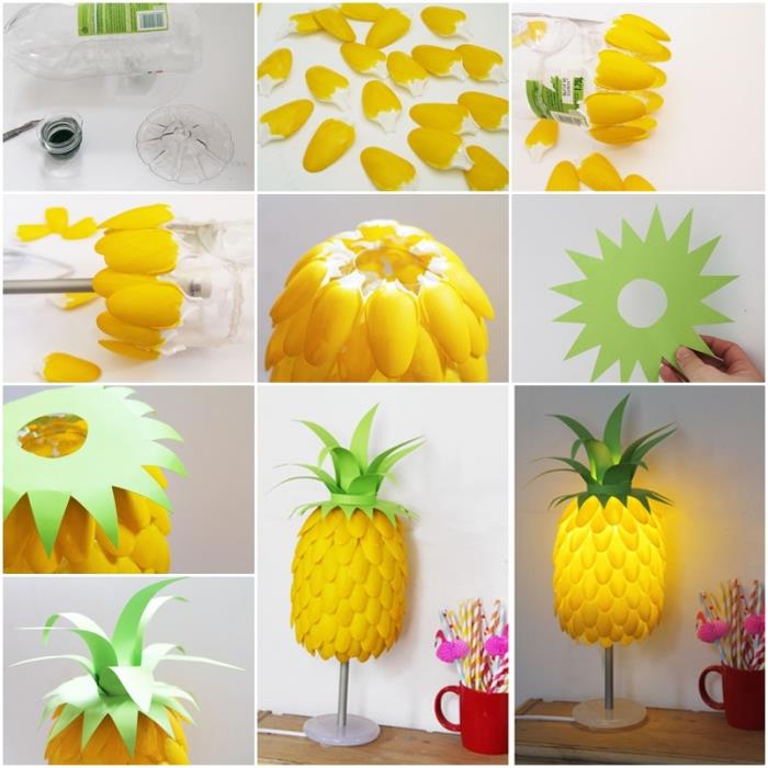 „pasidaryk pats“ ananasų lakštas, pagamintas iš plastikinių šaukštų ir popieriaus, pasidaryk pats