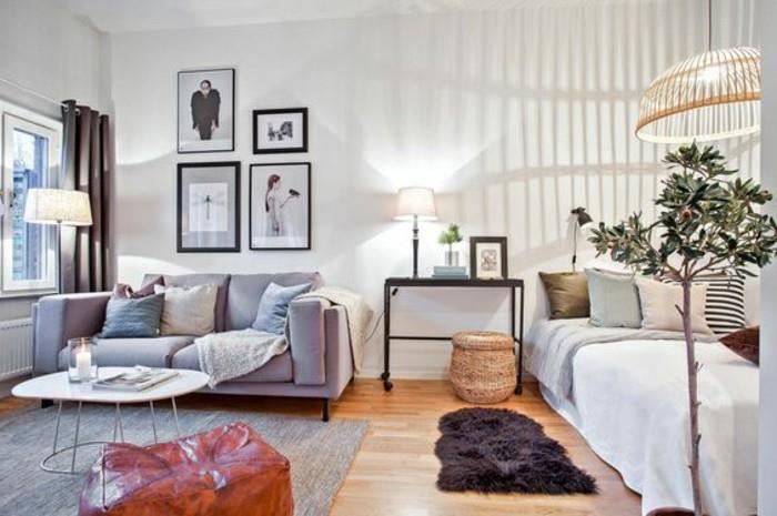 arredare başına un'idea di design mini appartamento con pareti bianche ve parke, divan grigio ve letto singolo