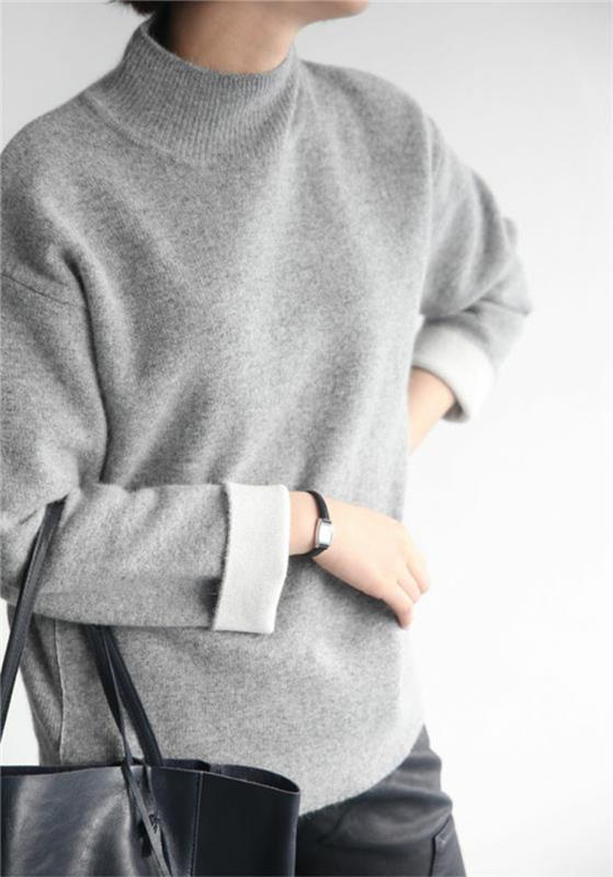pilkas megztinis-juoda oda-rankinė-kaip apsirengti pagal naujausias mados tendencijas