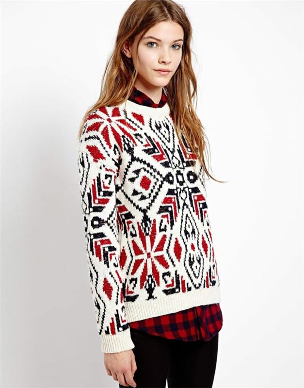 megztinis-modelis-žakardas-moteris-megztinis-papa-noel-raudona ir balta