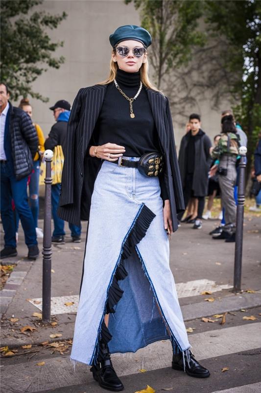 kako nositi dolgo krilo z denim, razkošno žensko podobo v dolgem jeans krilu s črnim puloverjem in prevelikim blazerjem