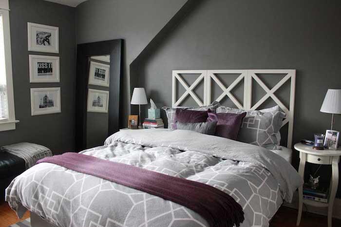Siva stena, originalno vzglavje, zelena barva, skandinavski sivi dekor spalnice, vijolični poudarki