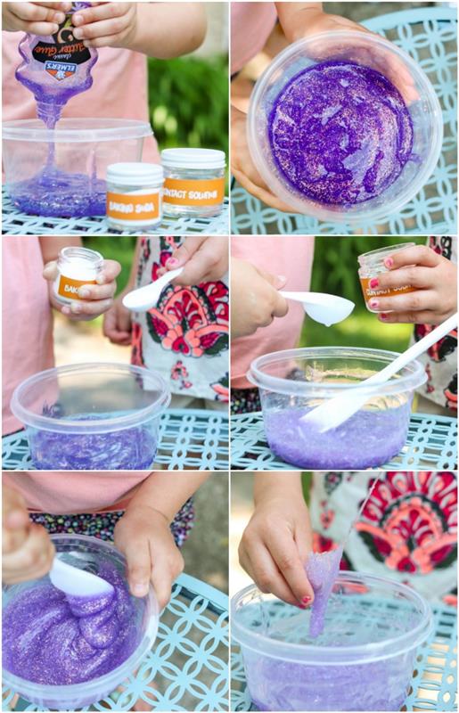 purus gleivės, mažas vaikas maišydamas ingredientus į skaidrų plastikinį dubenį, soda ir kontaktinių lęšių tirpalas, purpurinis blizgantis