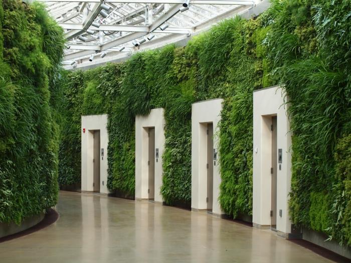 vidinė žalia siena, koridorius visiškai žalias, augmenija ant visų sienų, keturi liftai su balto akmens rėmeliais, skaidrus oranžinės spalvos stiklo stogas