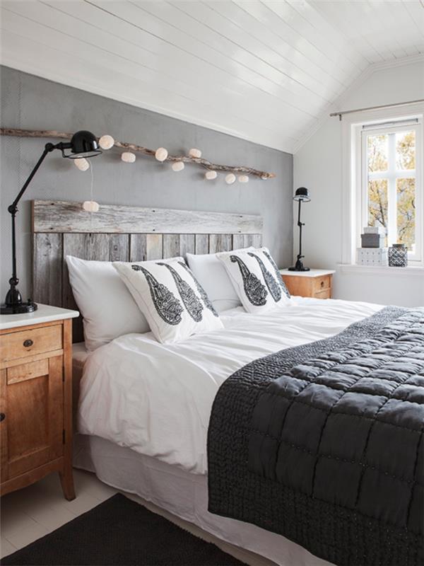 naredite vzglavje palete, dekor spalnice v boemskem slogu s sivimi stenami in lesenim pohištvom