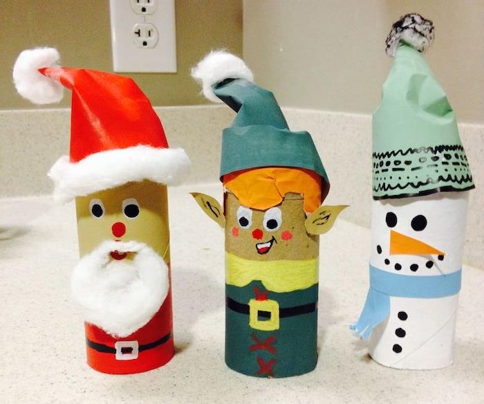 Kalėdų Senelio tualetinis popierius, rankų darbo elfas ir sniego senis, kalėdinės idėjos vaikams su perdirbtomis medžiagomis