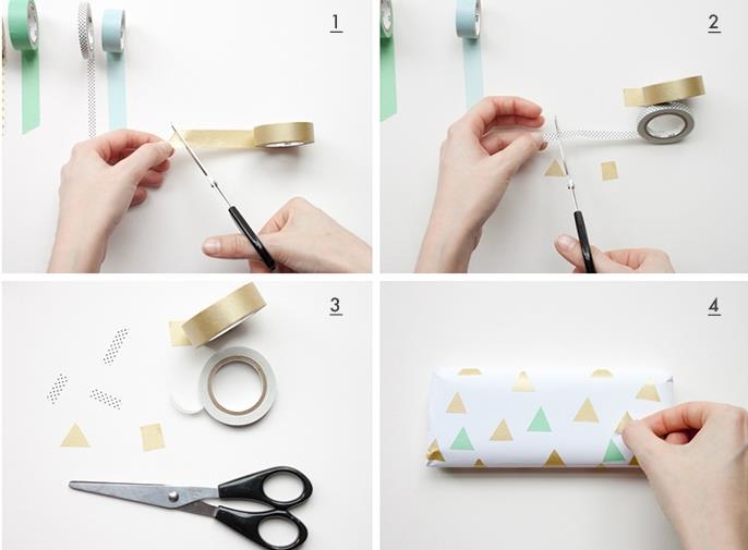 idėja, ką daryti su maskavimo juosta, dovanų papuošimas lipnių trikampių, iškirptų iš washi juostos dovanų paketui papuošti