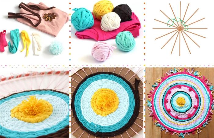 Ponpon ve püskül süslemeli çok renkli güzel bir kilim nasıl yapılır fikri, diy yuvarlak kilim deseni