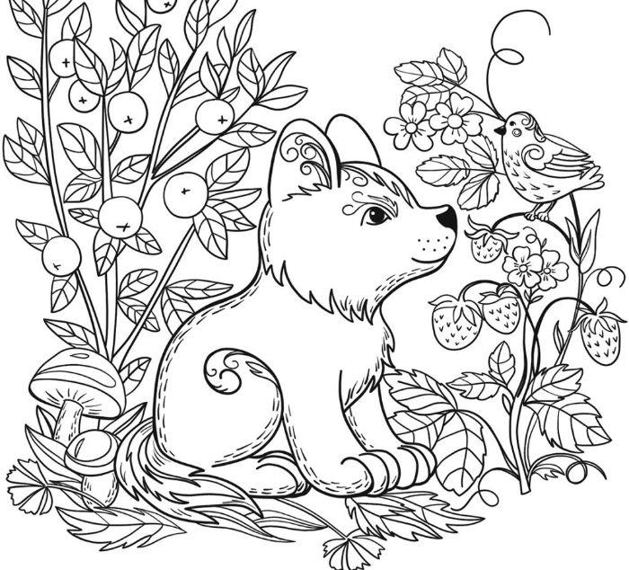 luštna risba malega psa ali volka, obdanega s češnjo in drugimi sadnimi grmi ter ptico, ki je nameščena na njej