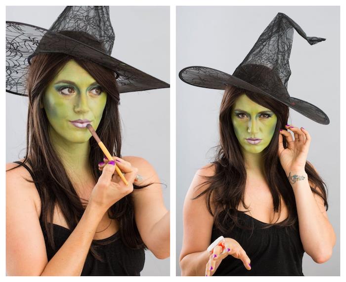 cadı rujunuzu nasıl seçersiniz, mor ruj fikri, başarılı cadı makyajı d oz, yeşil yüz